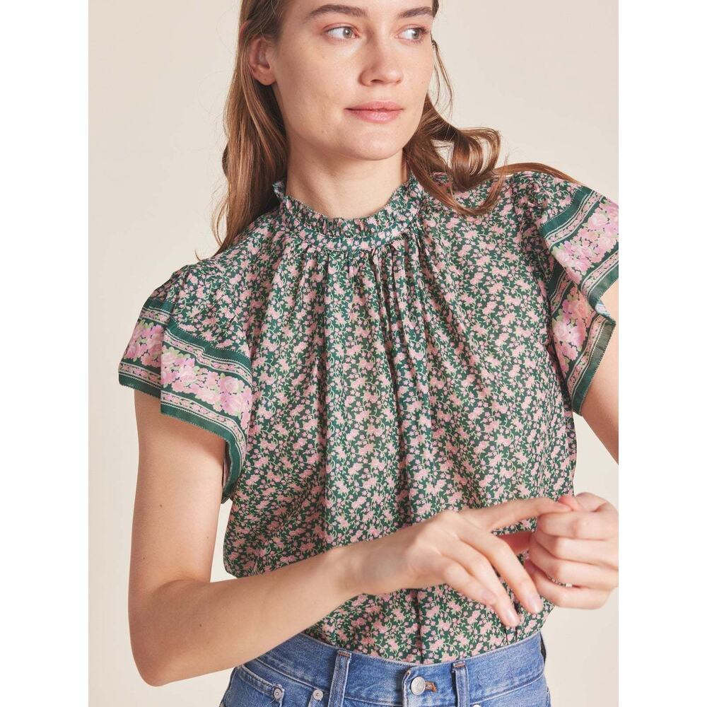 TROVATA Birds of Paradis Carla Blouse in Green Ditsy Floral Size Small MSRP $298